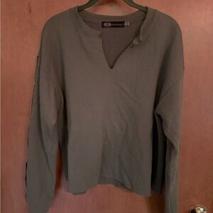 Olive green split neck sweater with exposed zipper sleeves by John Eshaya size M